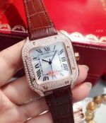 New Copy Cartier Santos 100 Diamond Watch Rose Gold Brown Leather Strap